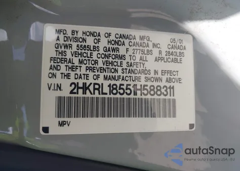 2001 Honda Odyssey Lx z USA, uszkodzony, nr VIN 2HKRL18551H588311